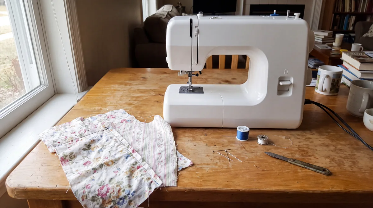 Sewing machine on a wooden table with blue thread, a wound bobbin, pins and floral cotton practice scraps
