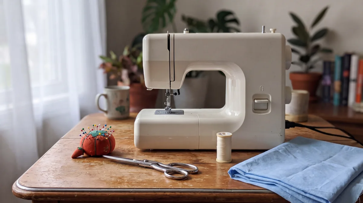 Basic beginner sewing supplies laid out on a table next to a simple sewing machine