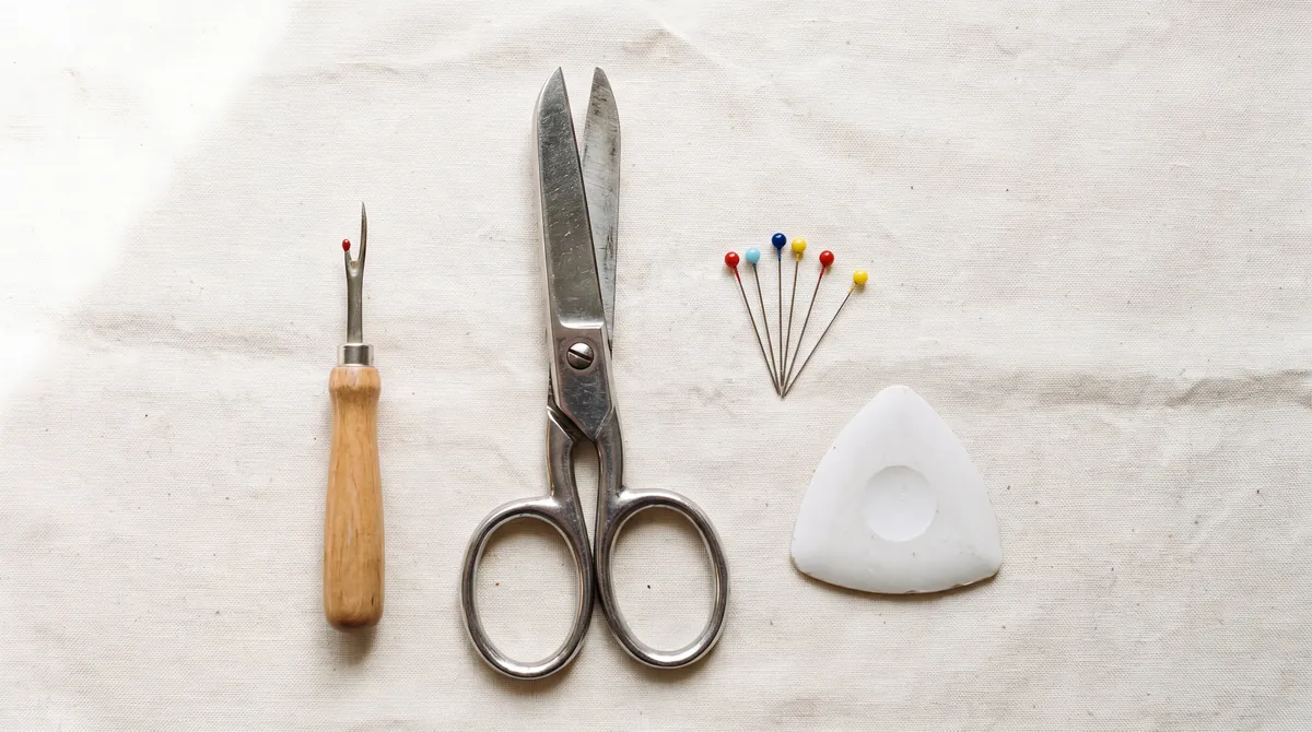 Seam ripper, fabric scissors, glass-head pins and tailor's chalk laid out on cream cotton fabric