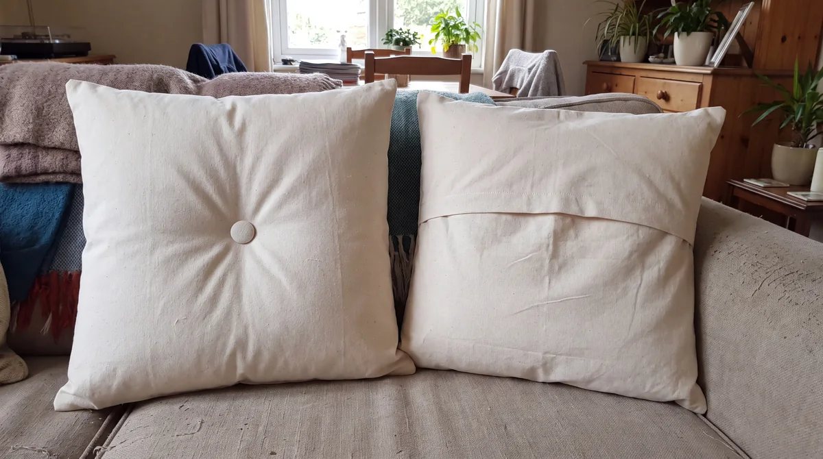 Two finished cotton cushion covers, one showing a center button on the front and one the envelope back