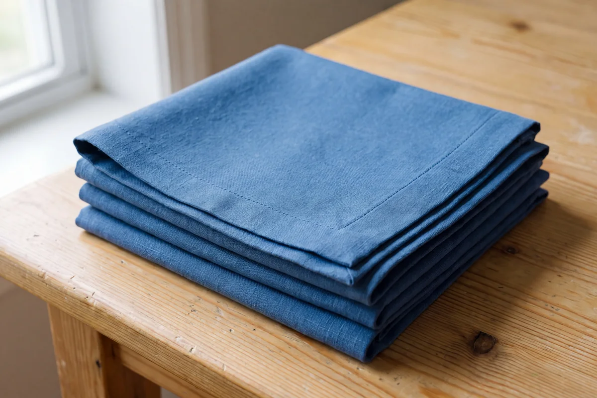 Four folded blue napkins with straight stitched hems stacked on a wooden table
