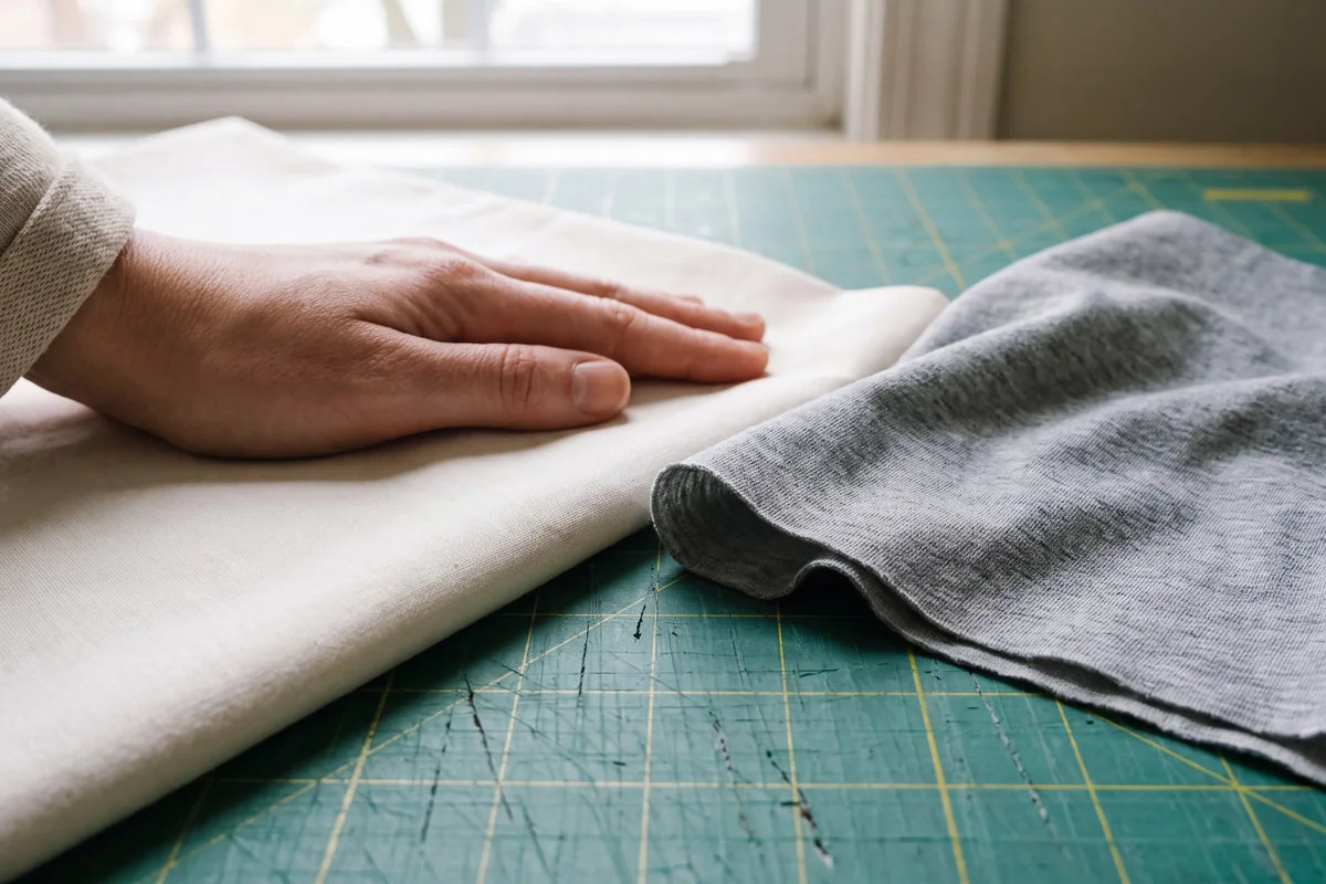 Hand resting on a crisp woven cotton fabric beside a soft knit fabric with a curling edge