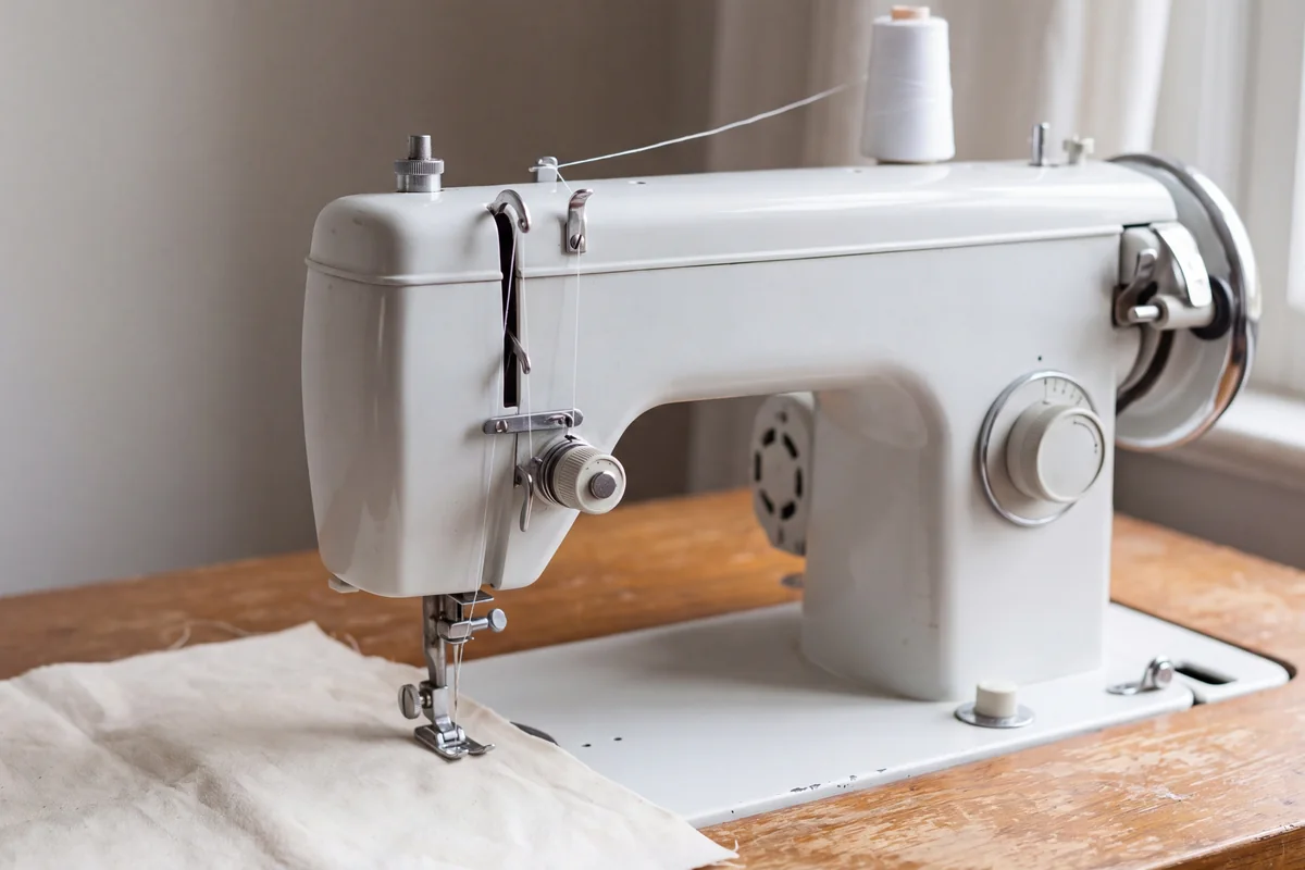 Home sewing machine threaded from the spool pin through the thread guides, tension dial and take-up lever down to the needle