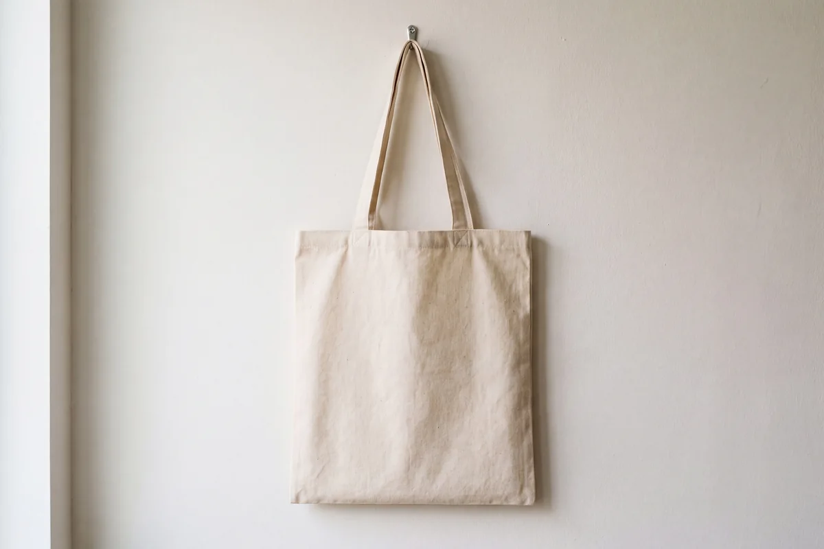 Plain natural canvas tote bag with two fabric straps hanging from a wall hook