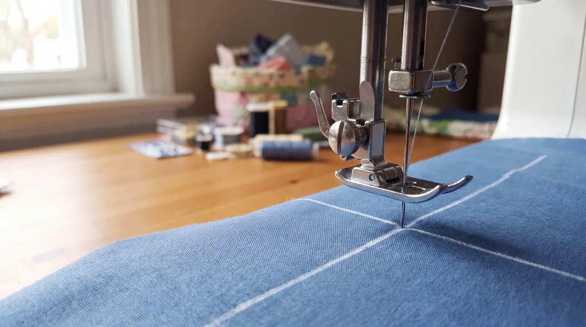 Sewing machine needle lowered into blue cotton at a chalk-marked corner, ready to pivot