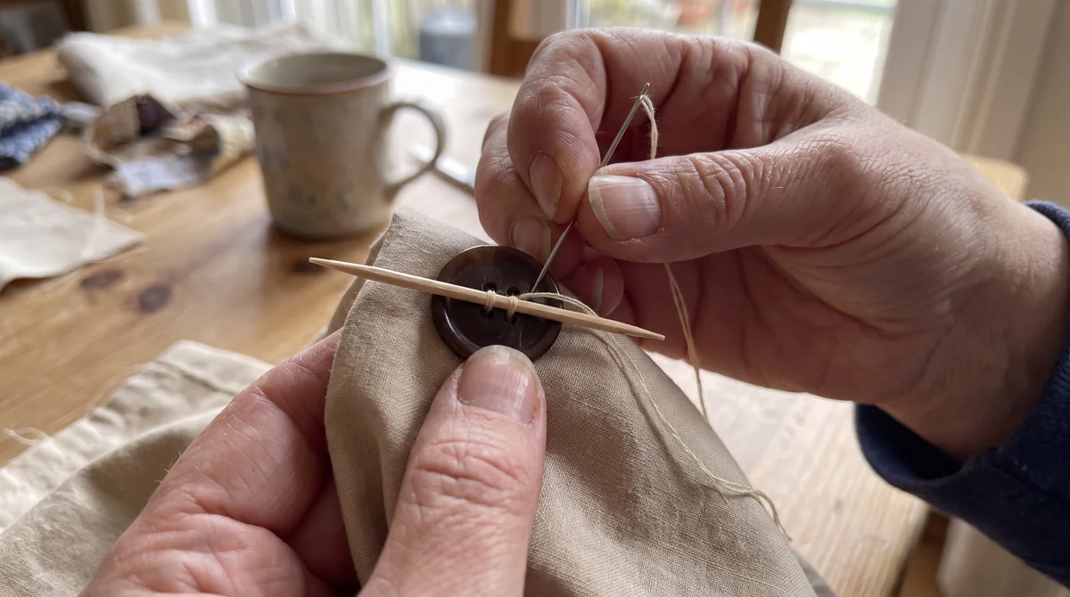 Hand sewing a button with a toothpick across it to form a thread shank