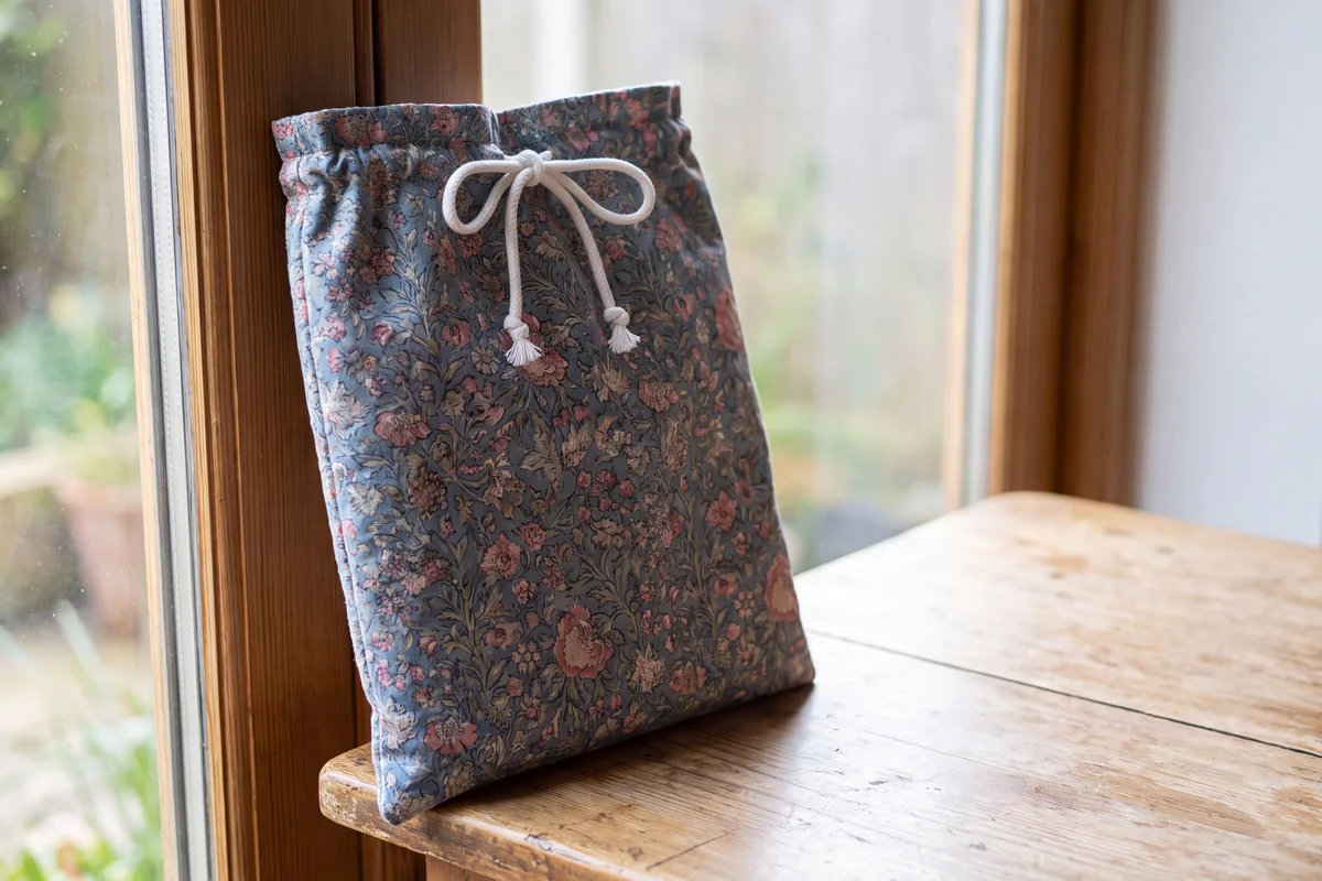 Small floral cotton drawstring bag gathered closed with a white cord tied in a bow