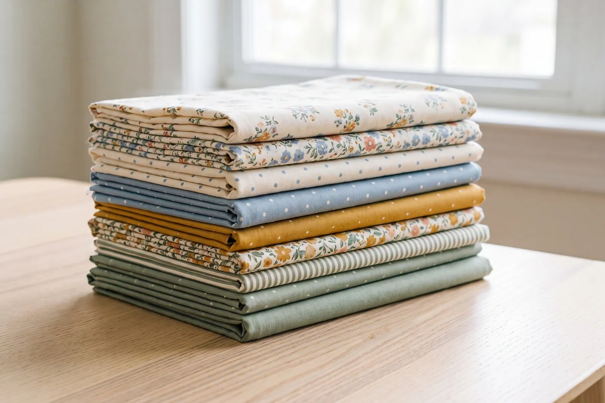 Stack of folded quilting cotton fabrics in small prints and solid colors on a wooden table