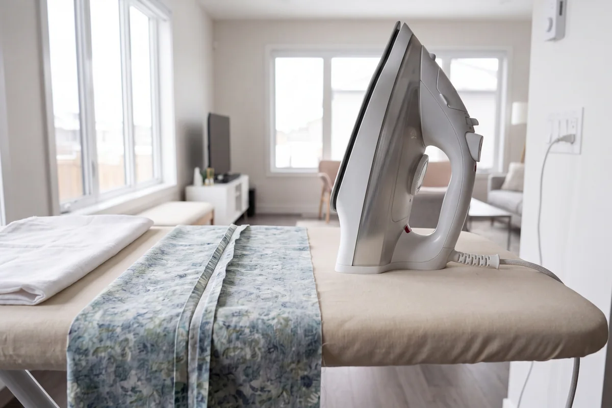 Steam iron standing on its heel on an ironing board beside a strip of floral cotton fabric and a folded white pressing cloth