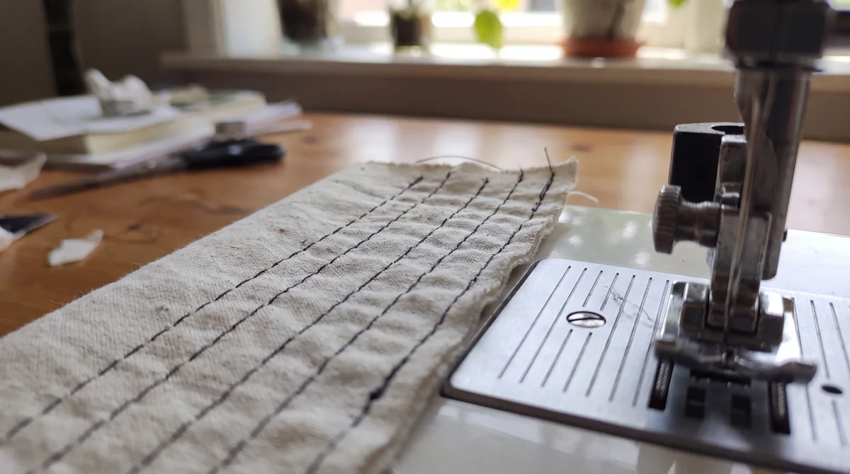 Straight practice seams sewn on a cotton scrap next to the seam guide on a sewing machine needle plate