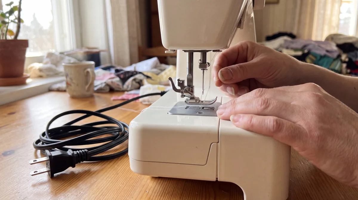 Hands threading the needle of an unplugged sewing machine with the presser foot raised